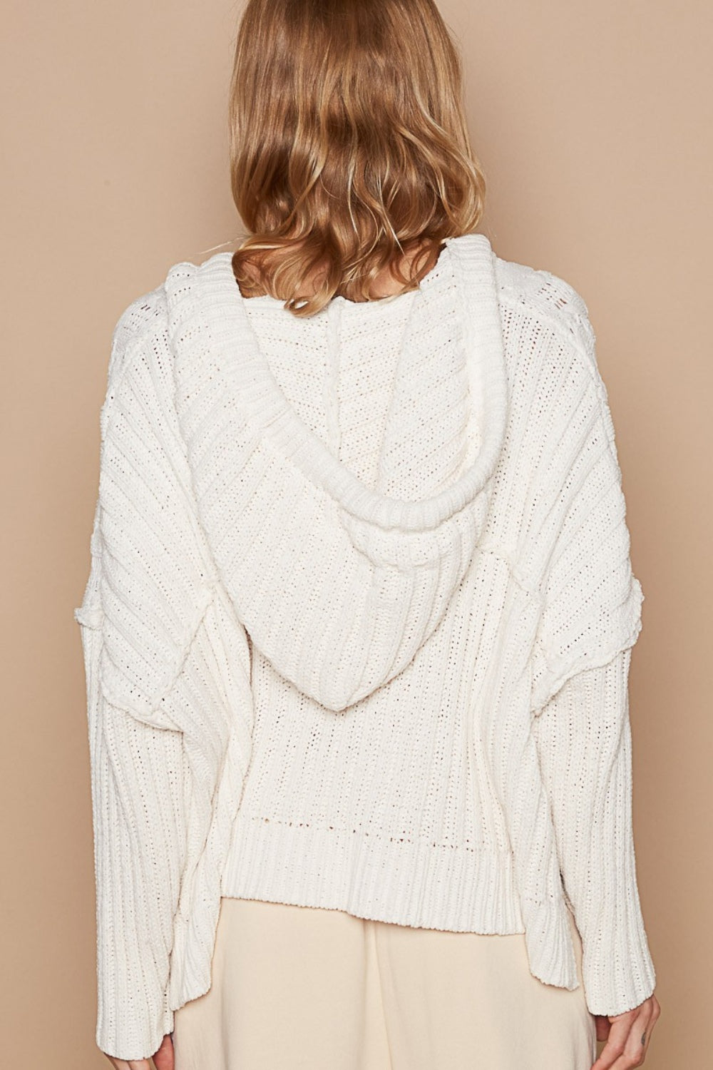 POL Cream Rib Weave Sleeves Hooded Cable Knit Sweater