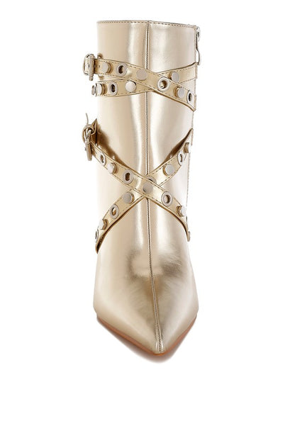 RAG & Co. Gold Metallic Ankle Heels Boot with Jaunts Eyelets & Studs Harness