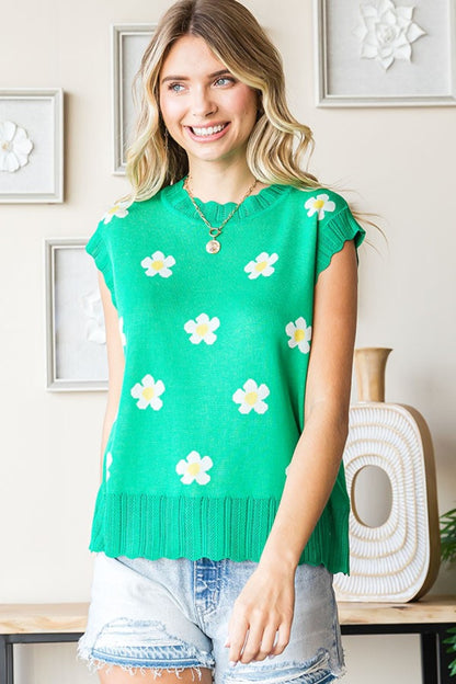 FIRST LOVE Green Full Size Flower Pattern Round Neck Sweater Vest