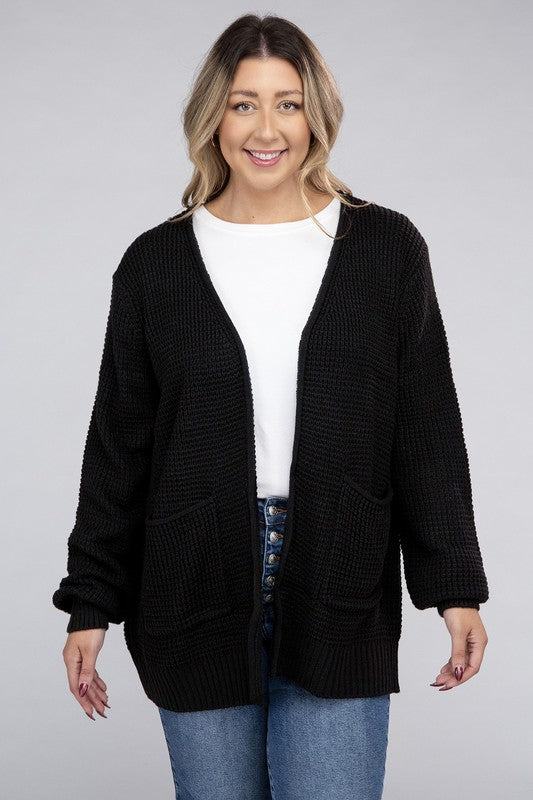 ZENANA Plus Low Gauge Waffle Open Cardigan Sweater