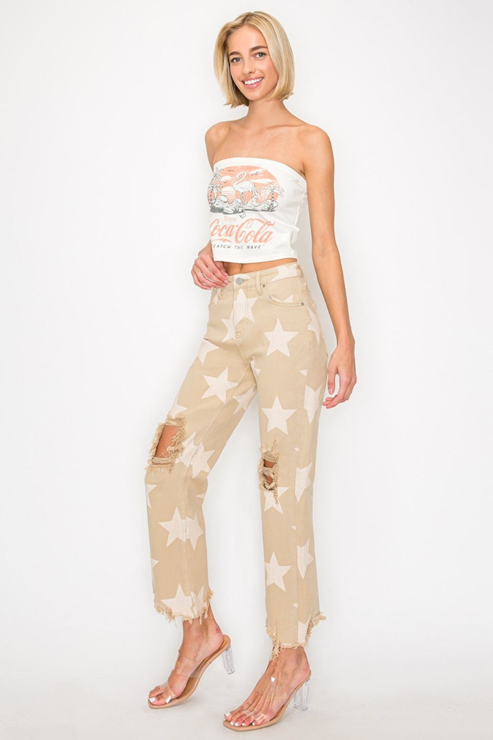 RISEN Full Size High Rise Star Printed Frayed Hem Jeans in Khaki