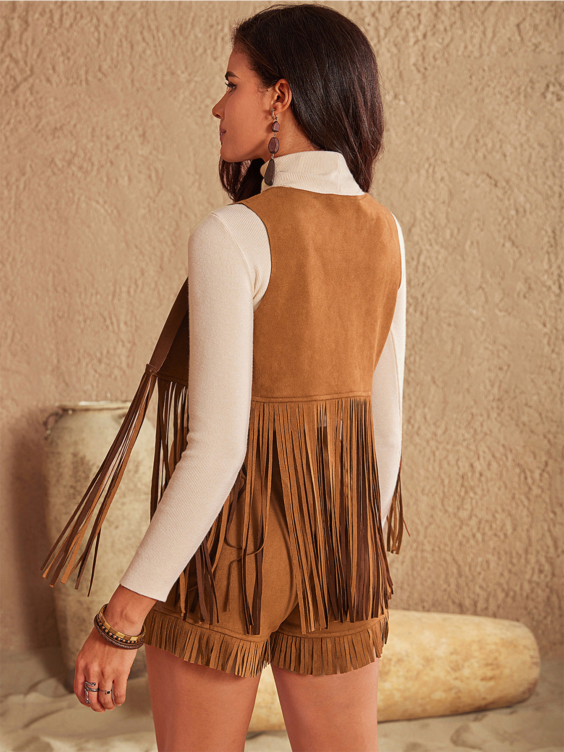 Ochre Cowgirl Tassel Hem Vest and Lace-Up Shorts Set