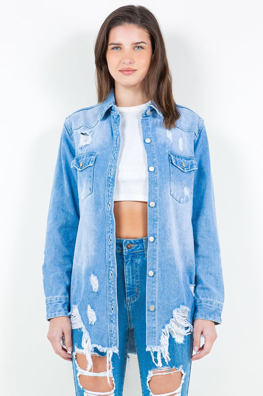 AMERICAN BAZI Frayed Hem Distressed Denim Shirt Jacket