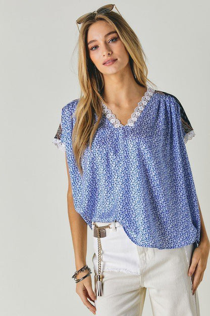 DAVI & DANI Printed Lace V-Neck Short Sleeve Loose Top