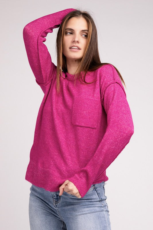 ZENANA Melange Hi-Low hem Round Neck Sweater