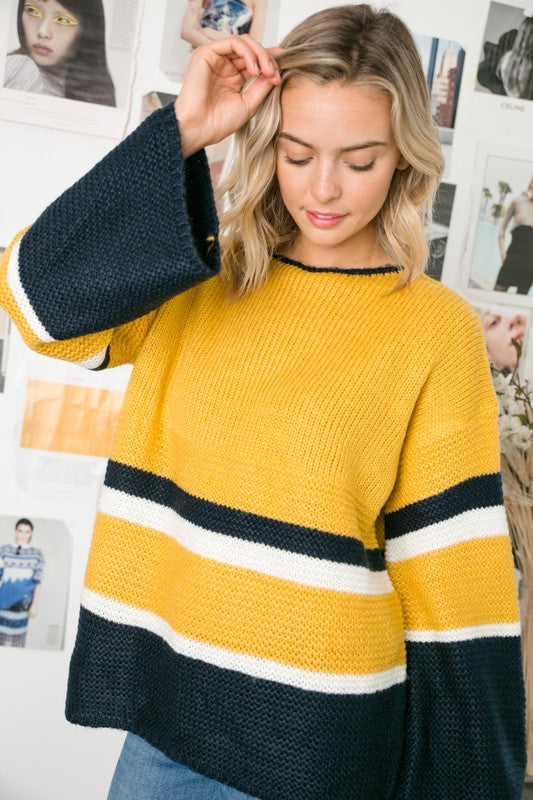 E LUNA Dark Yellow/Black Autumn Colorblock Sweater