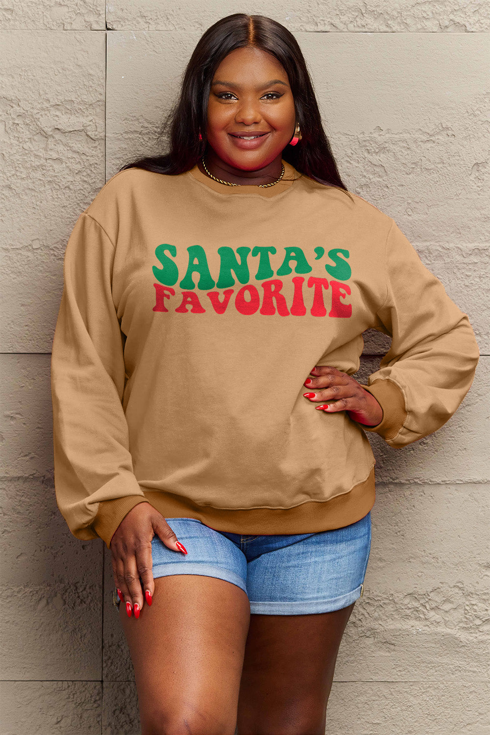 SIMPLY LOVE Full Size "SANTA'S FAVORITE" Round Neck Sweatshirt