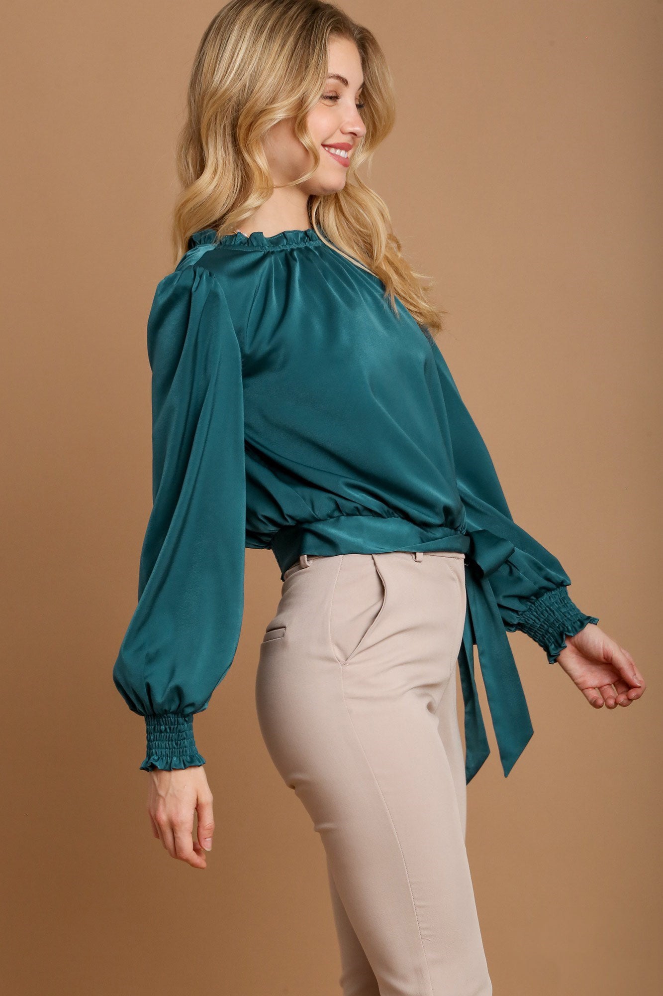 Umgee Women's Deep Teal Frill Tied Hem Long Sleeve Blouse