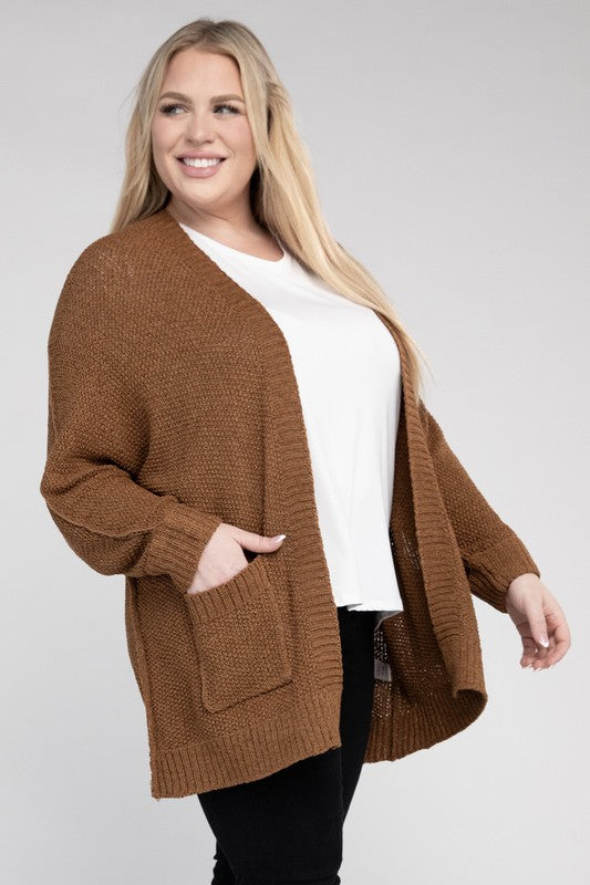 EESOME Plus Size Ribbed Knit Open Front Cardigan