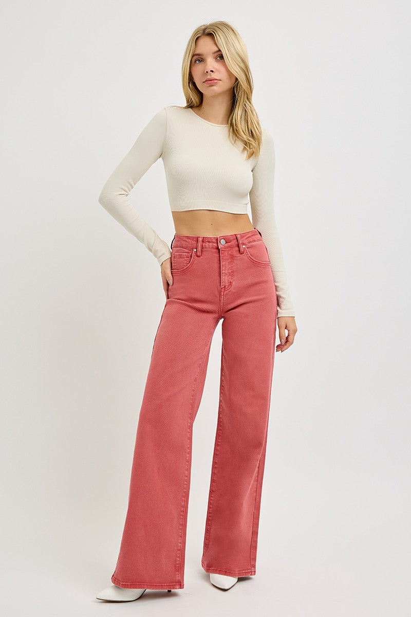 RISEN Full Size High Rise Tummy Control Wide Leg Jeans in Red Brick color