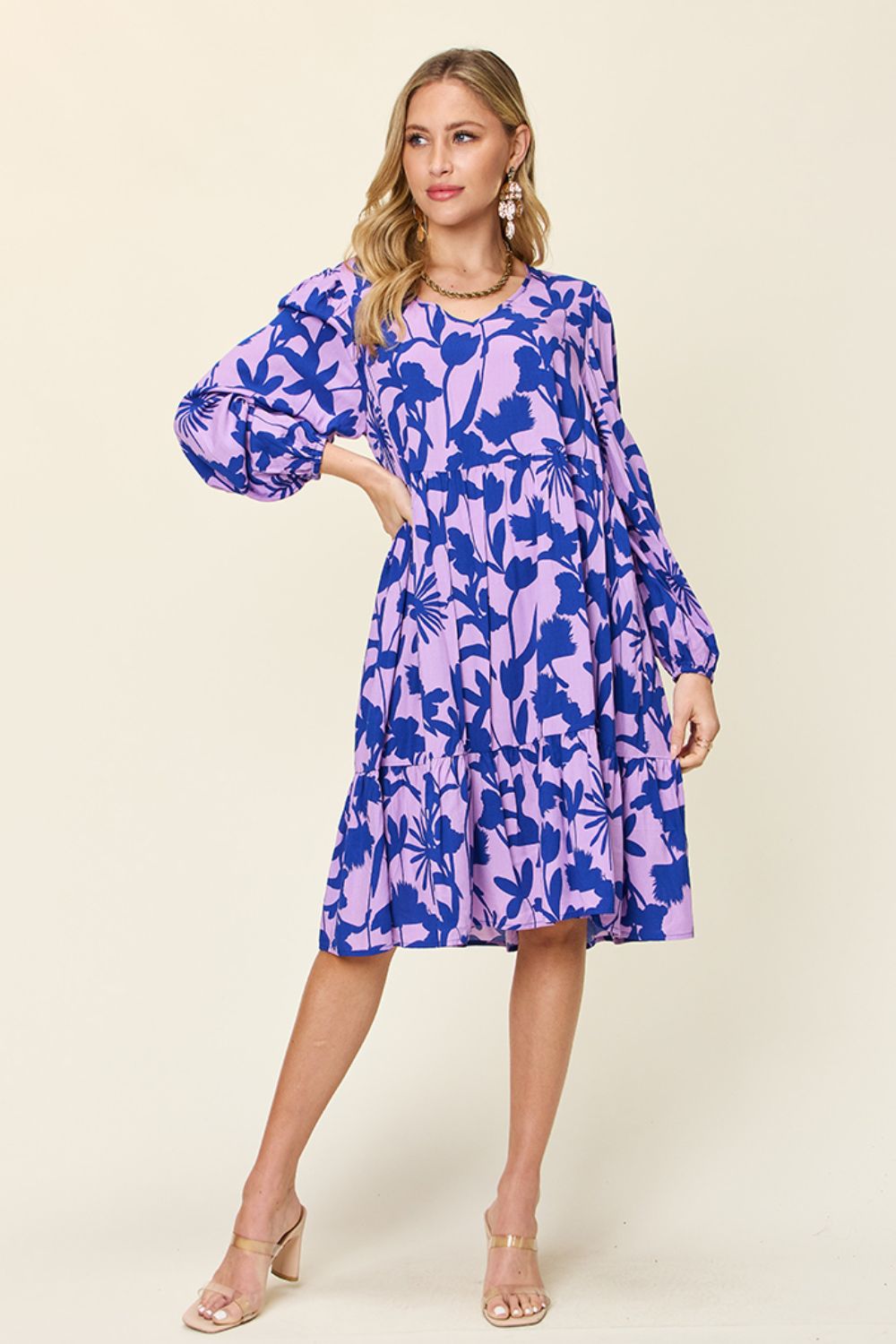 Double Take Full Size Printed Ruffle Hem Long Sleeve Dress