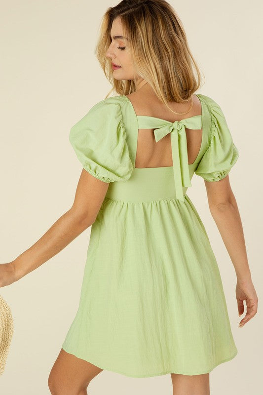 LILOU Light Green Tie Back Dress with Puff Sleeves