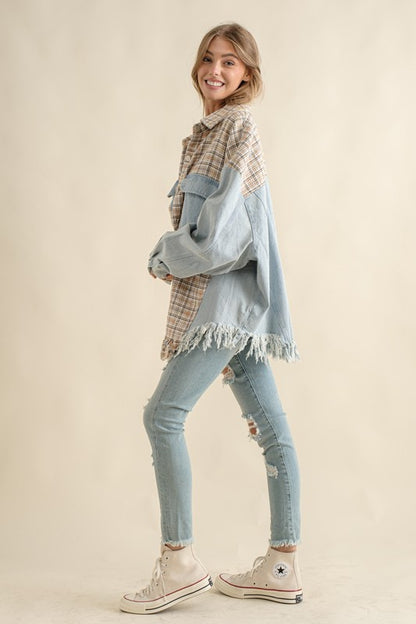 SWEET GENERIS Tweed Denim Shacket with Fringed Hem