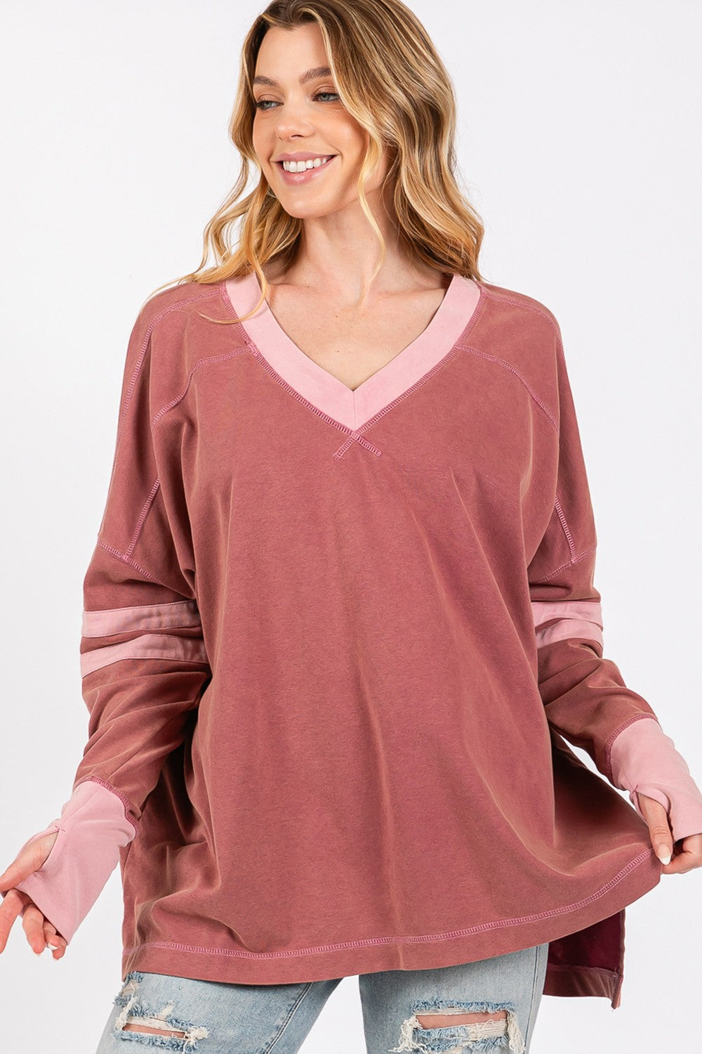 SAGE + FIG Mulberry Mineral Wash Side Slit Contrast T-Shirt