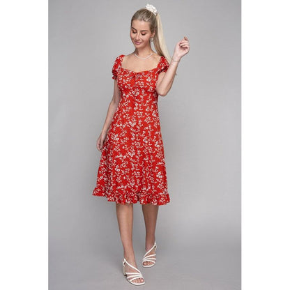 NUVI APPAREL Red Floral Sweetheart Neckline  Dress