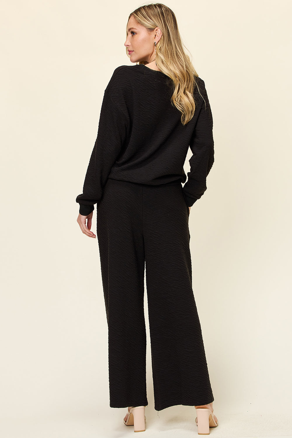 DOUBLE TAKE Full Size Texture Long Sleeve Top and Pants Lounge Set