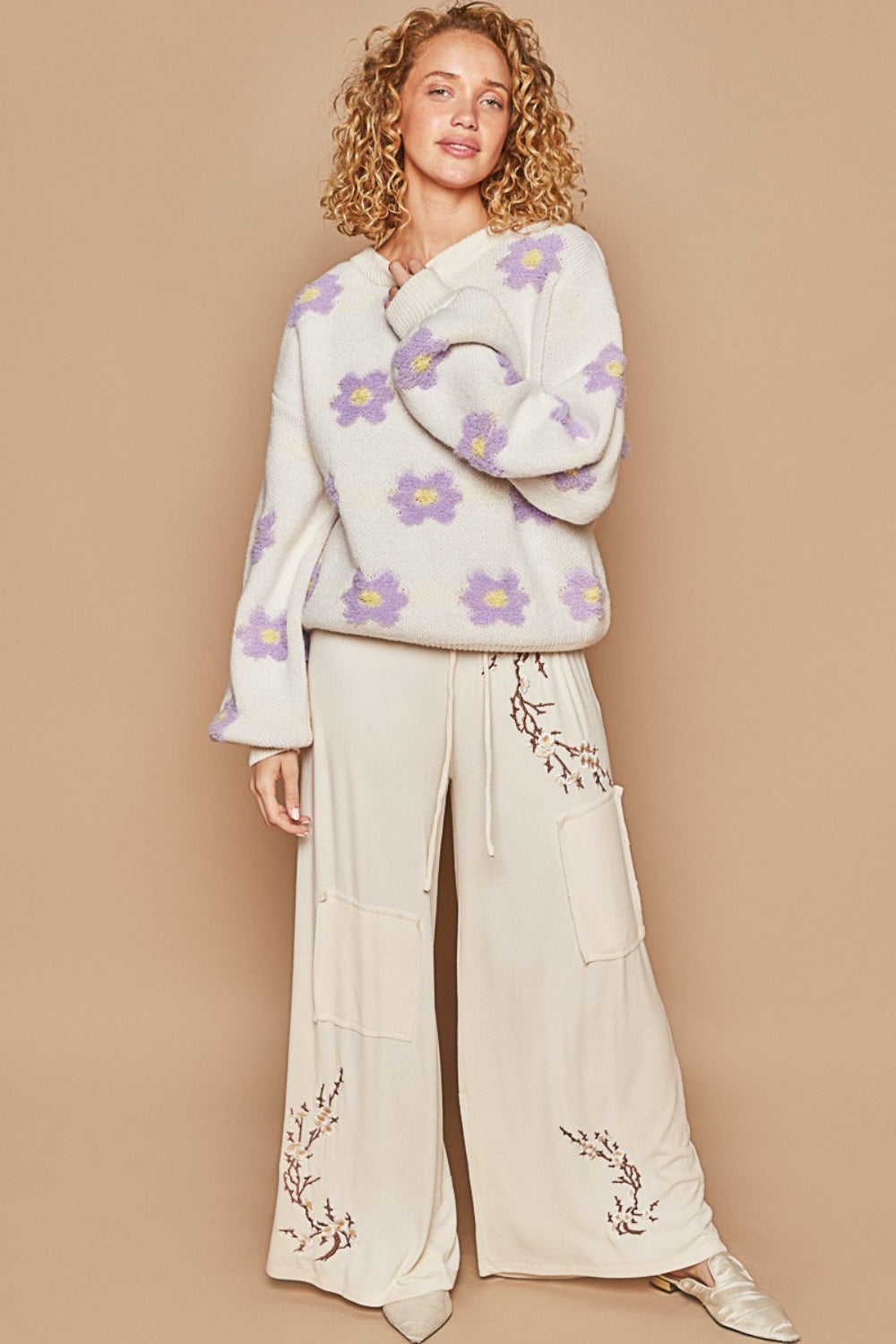 POL Cream Daisy Pattern Drop Shoulder Sweater