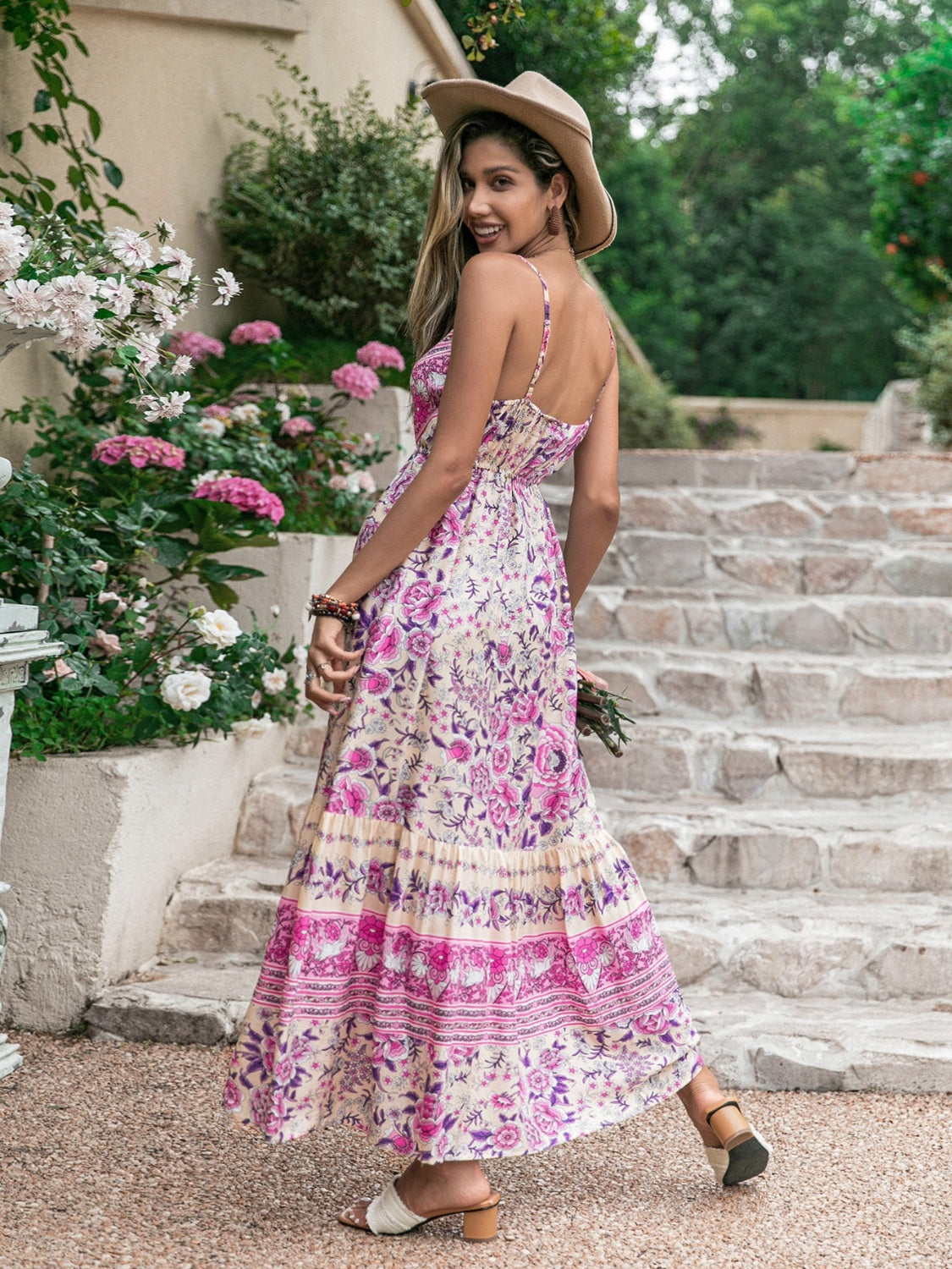 Pink Tassel Printed V-Neck Maxi Dress