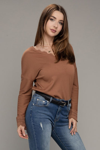 Lace Trim V Neck Long Sleeve Top