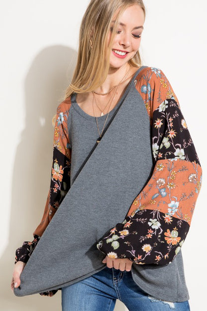 PLUS FLORAL MIXED PUFF LONG SLEEVE TOP