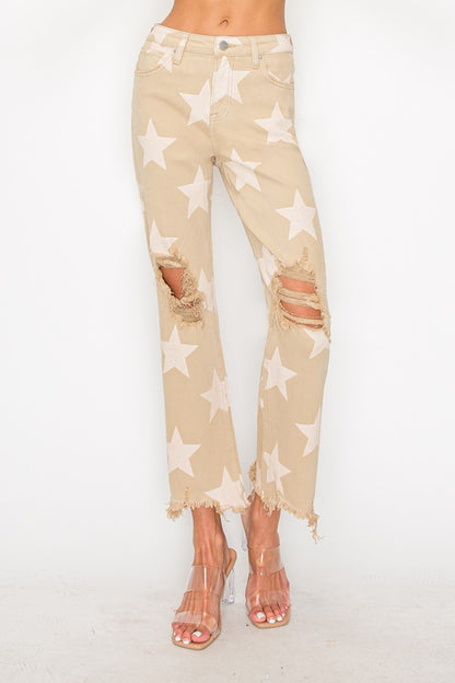 RISEN Full Size High Rise Star Printed Frayed Hem Jeans in Khaki