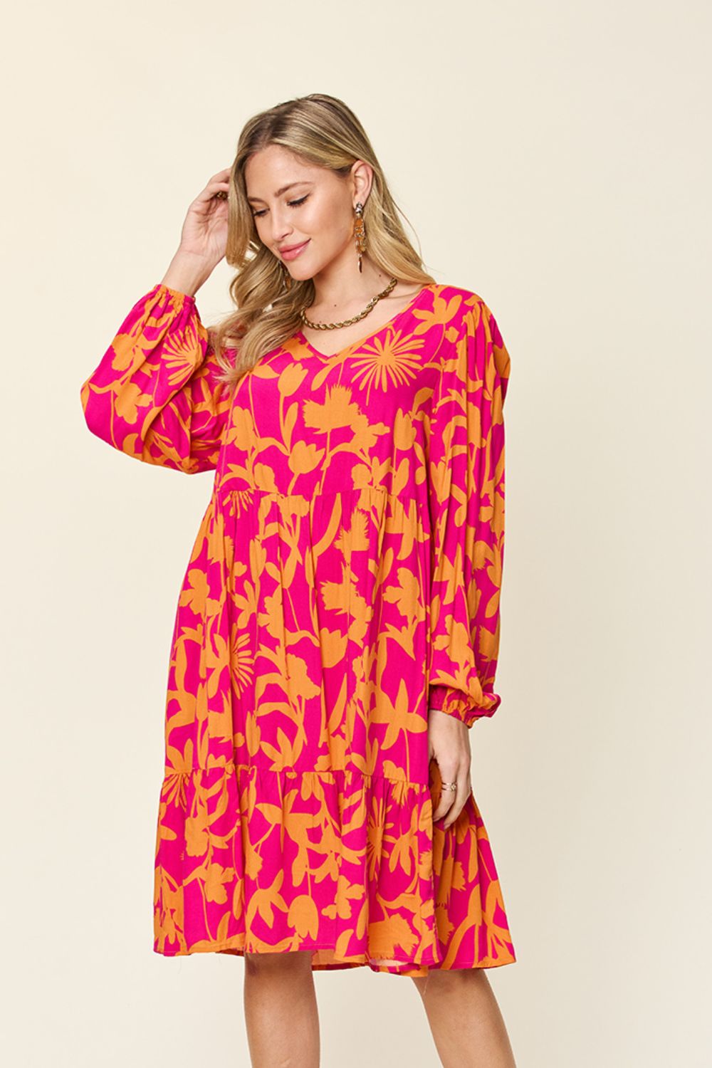 Double Take Full Size Printed Ruffle Hem Long Sleeve Dress