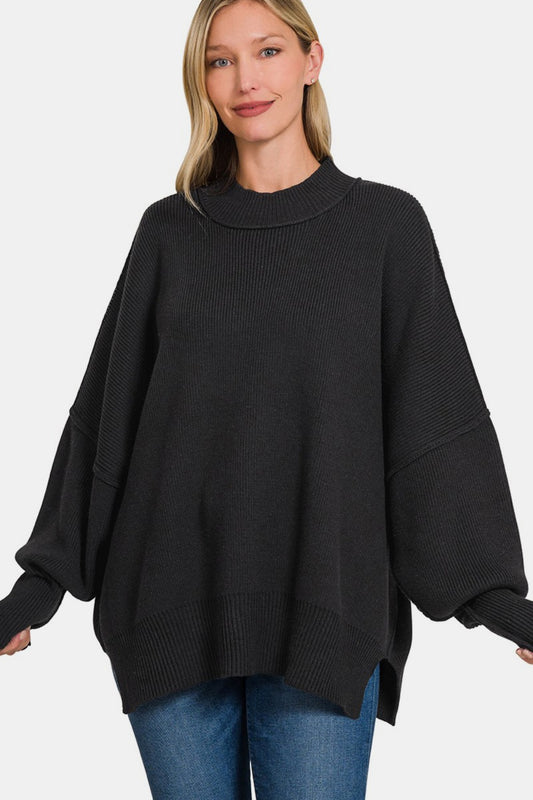 ZENANA Black Side Sit Oversize Sweater