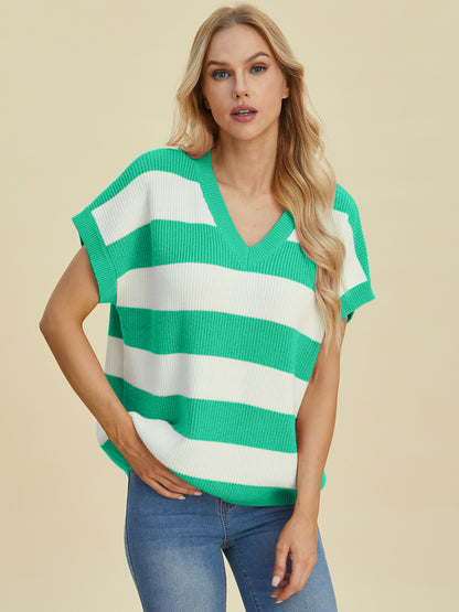 DOUBLE TAKE Full Size Striped V-Neck Short Sleeve Sweater