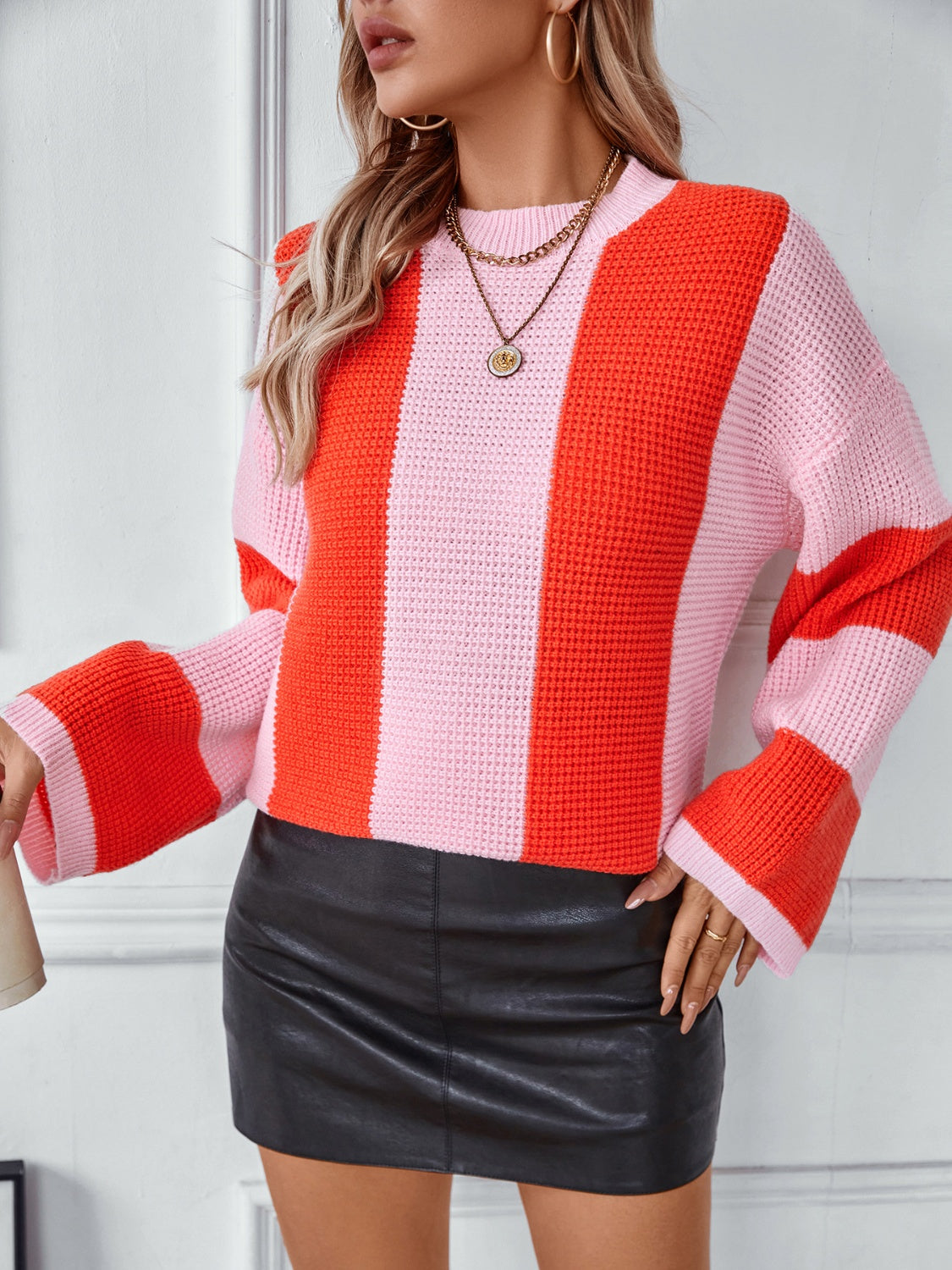 DRIZZLE Color Block Round Neck Long Sleeve Sweater