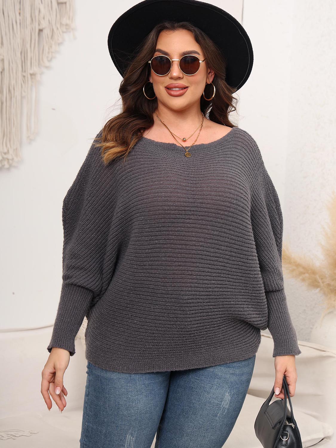 Full Size Boat Neck Batwing Sleeve Sweater-up to 3XL