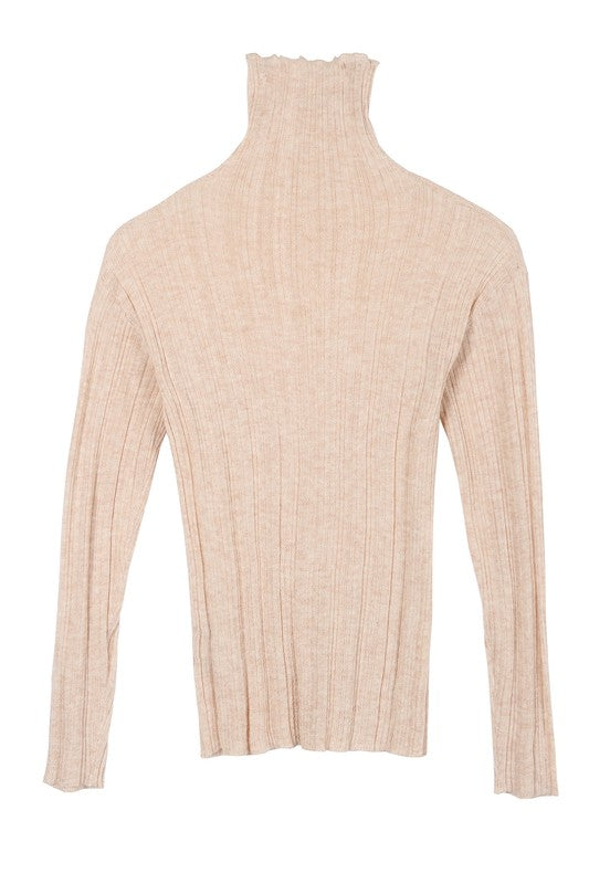 LILOU Beige Wool Blended Mock Neck Sheer Sweater