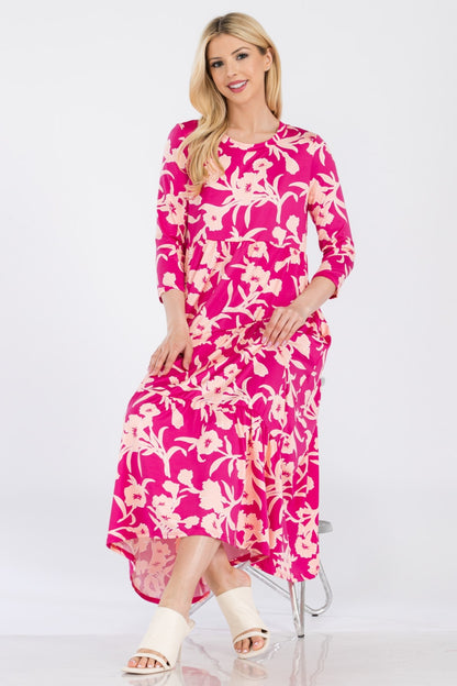 CELESTE Fuchsia Full Size Floral Round Neck Ruffle Hem Dress