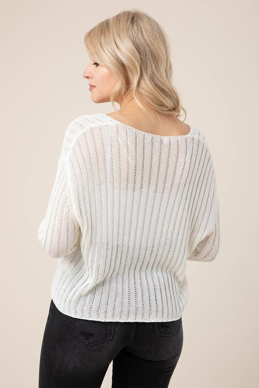 LILOU Ivory Variegated Rib V neck Sweater