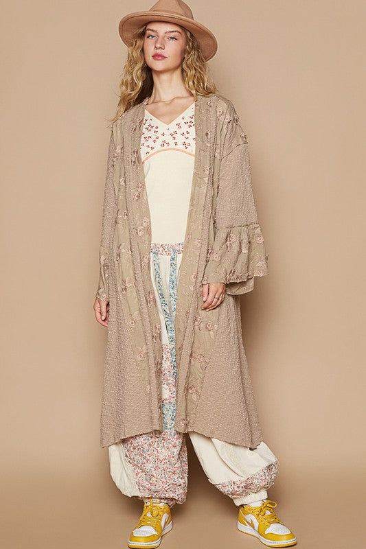 POL Women's Khaki Flower Lace Trim Open Front Boho Longline Cardigan