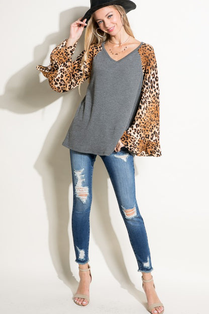 E LUNA Solid Top with Cheetah Print Sleeves