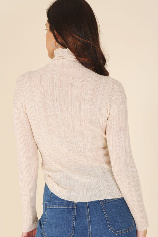 LILOU Beige Wool Blended Mock Neck Sheer Sweater