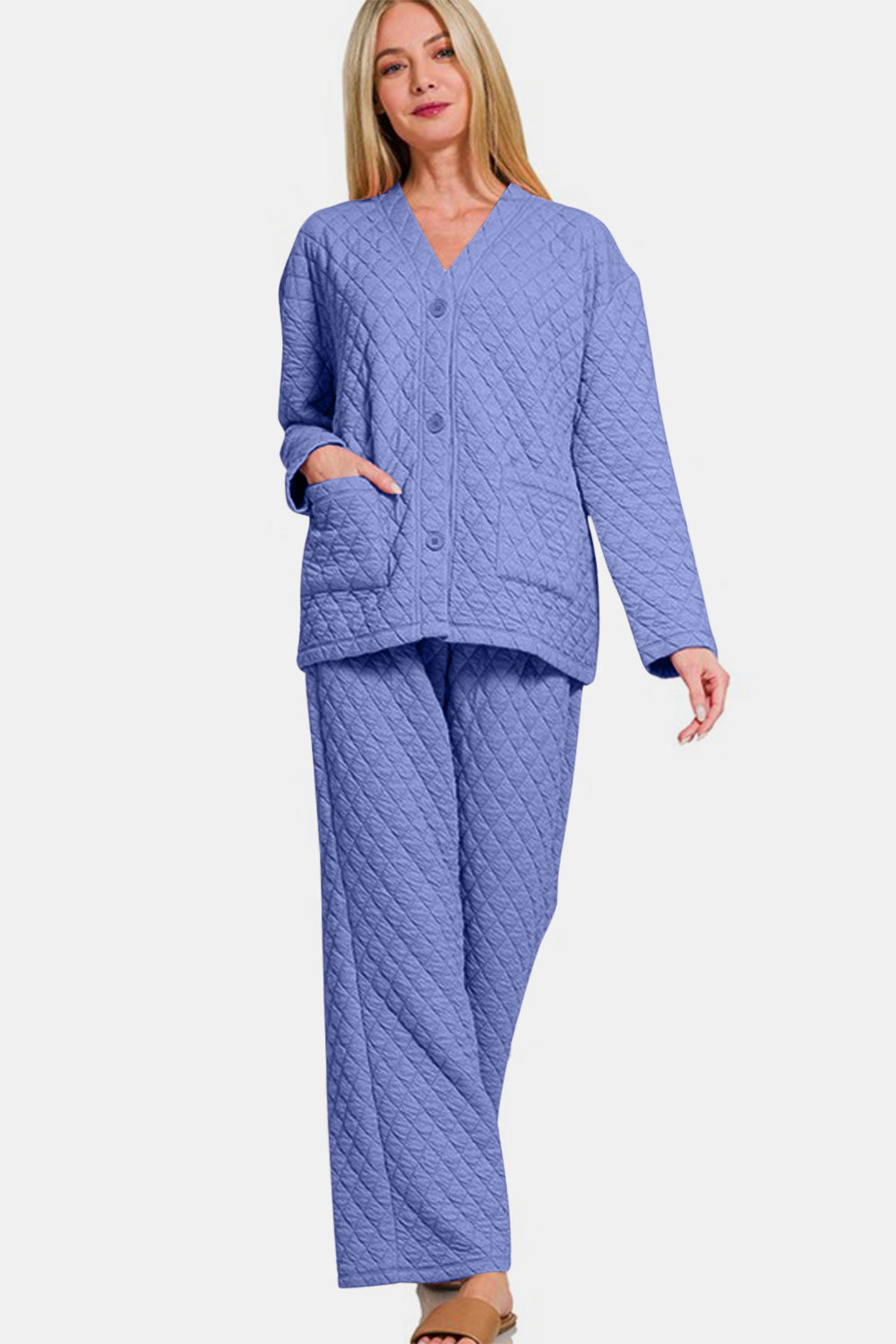 Zenana 2 Piece Women's Blue-Purple Quilted Button Up Long Sleeve Top and Pants Lounge Set