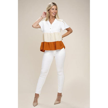 NUVI APPAREL Color Block Notched Neck Blouse