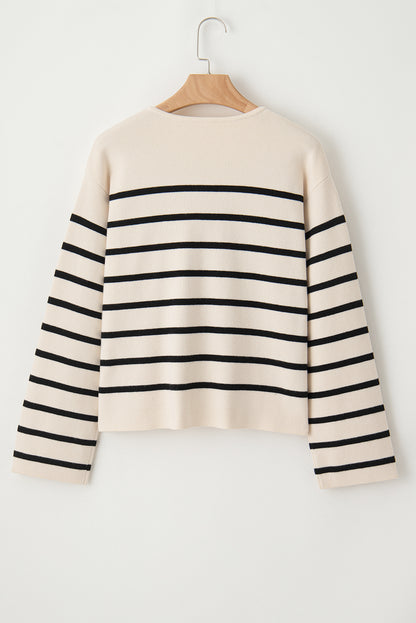 SYNZ Striped Button Up Round Neck Cardigan Sweater