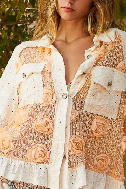 POL Women's Apricot/Cream Eyelet Flower Pearl Detail Lace Patchwork Buttoned Shirt