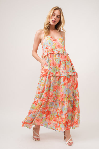 AND THE WHY Floral Ruffled Tiered Maxi Cami Dress