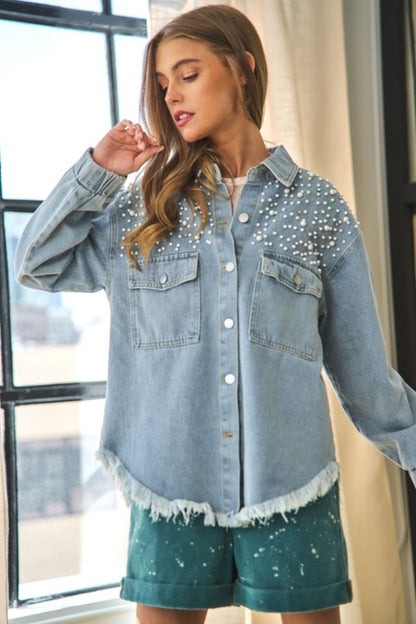 ANNVA USA Button Down Denim Jacket with Pearl Detail