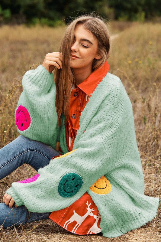 DAVI & DANI The Fuzzy Smile Long Bell Sleeve Knit Cardigan