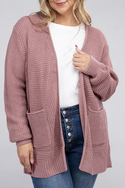 ZENANA Plus Low Gauge Waffle Open Cardigan Sweater