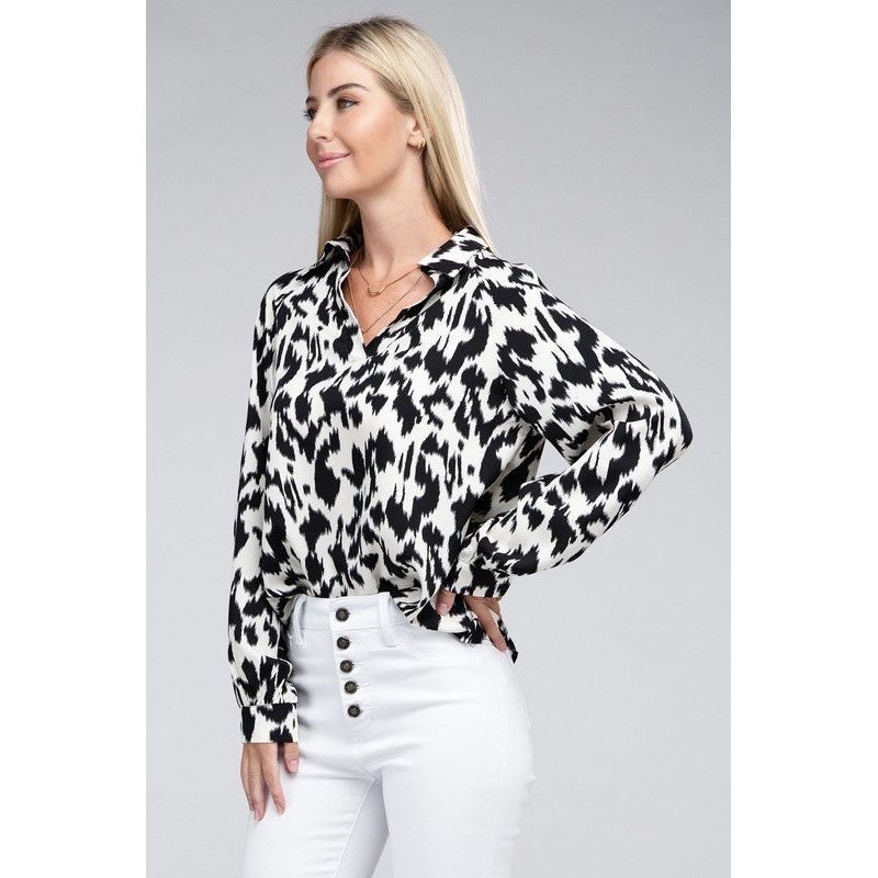 NUVI APPAREL White/Black Printed Buttoned-down Blouse