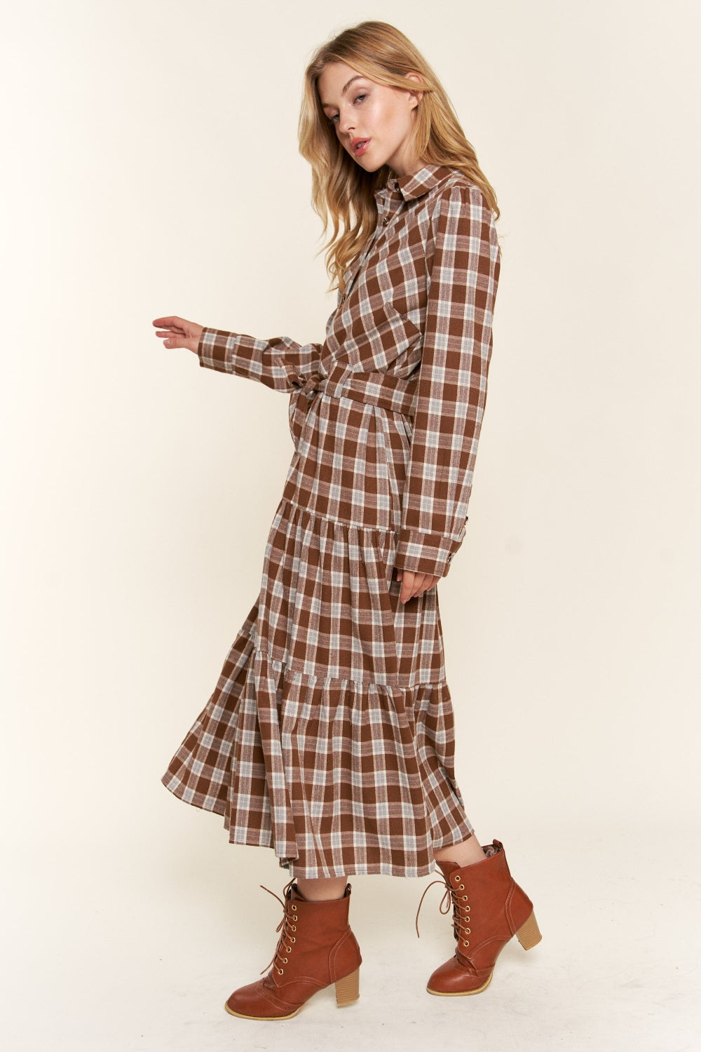 AND THE WHY Brown Plaid Tiered Midi Shirt Dress