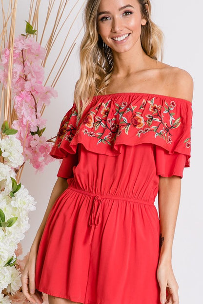 DAVI & DANI Floral Embroidered Off Shoulder Romper