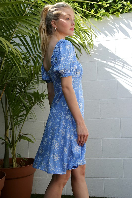 LILOU Light Blue Floral Puff Sleeve Dress