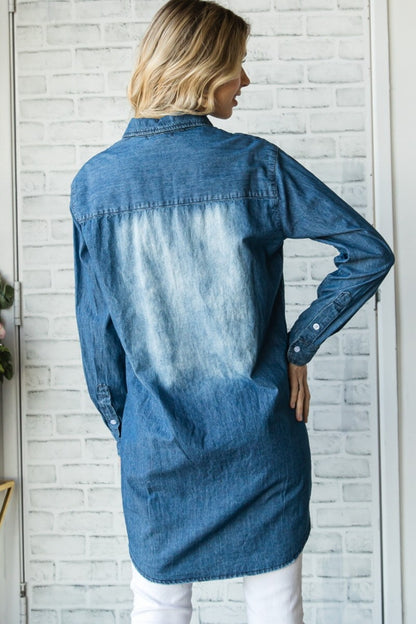 VEVERET Pocketed Button Up Washed Denim Cardigan