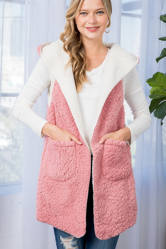 E LUNA Long Faux Fur Sherpa Fleece Vest